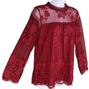 Ultra Pink Womens M Floral Lace Long Sleeve Blouse Red Feminine Top Cottagecore